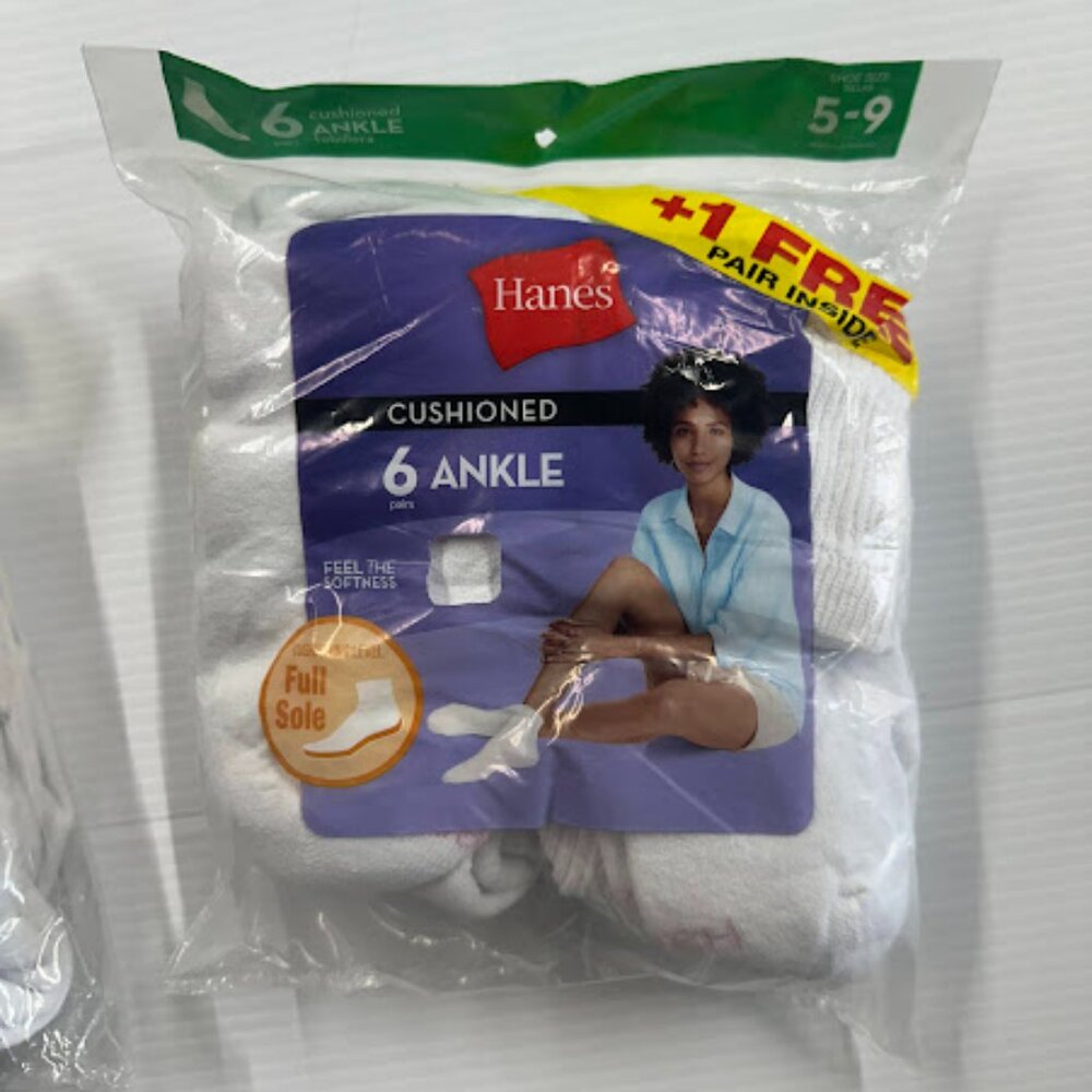 Hanes Womens Ankle Cushioned Socks 6 Pairs Size 5-9 White